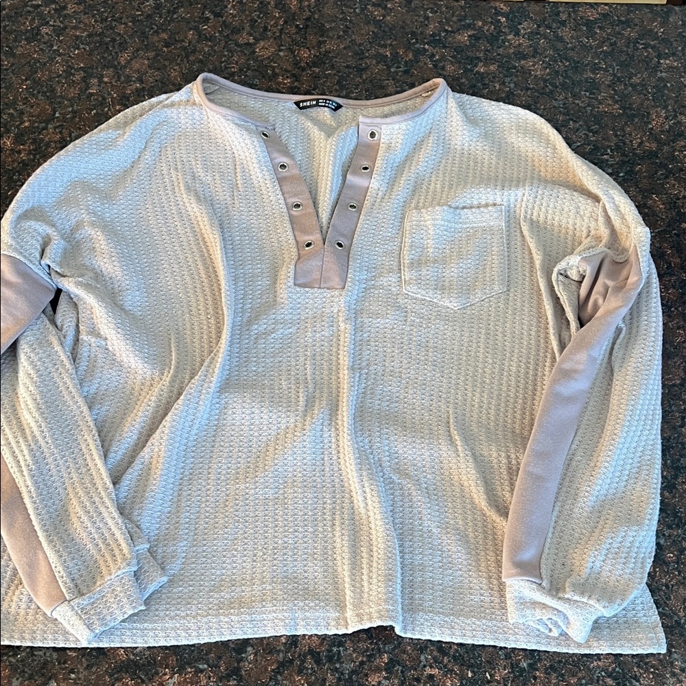 SHEIN Cream Waffle Knit Long Sleeve Henley Top with Taupe Accents